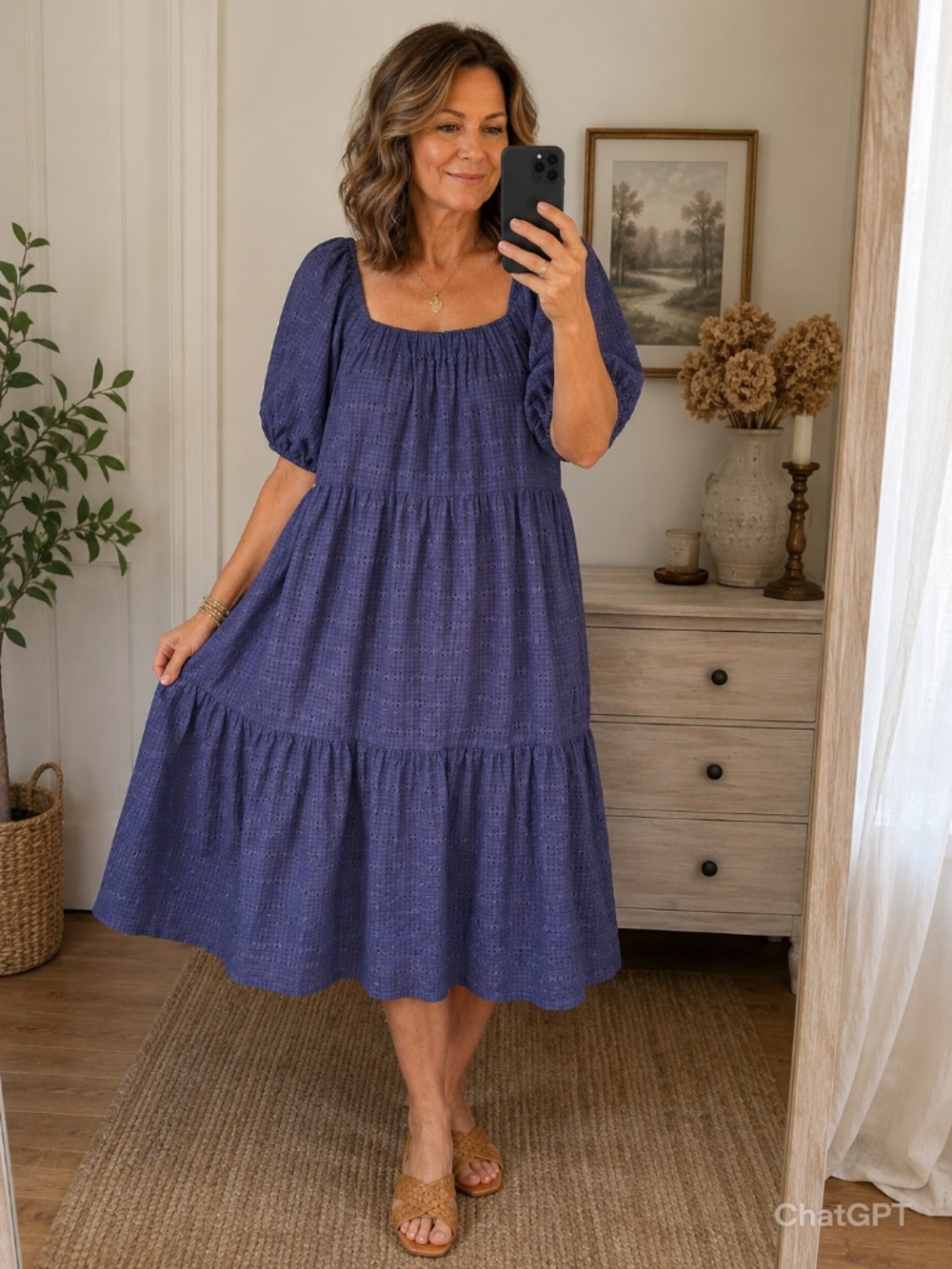 Moon River Blue Cottagecore Puff Sleeve Tiered Dress Size L